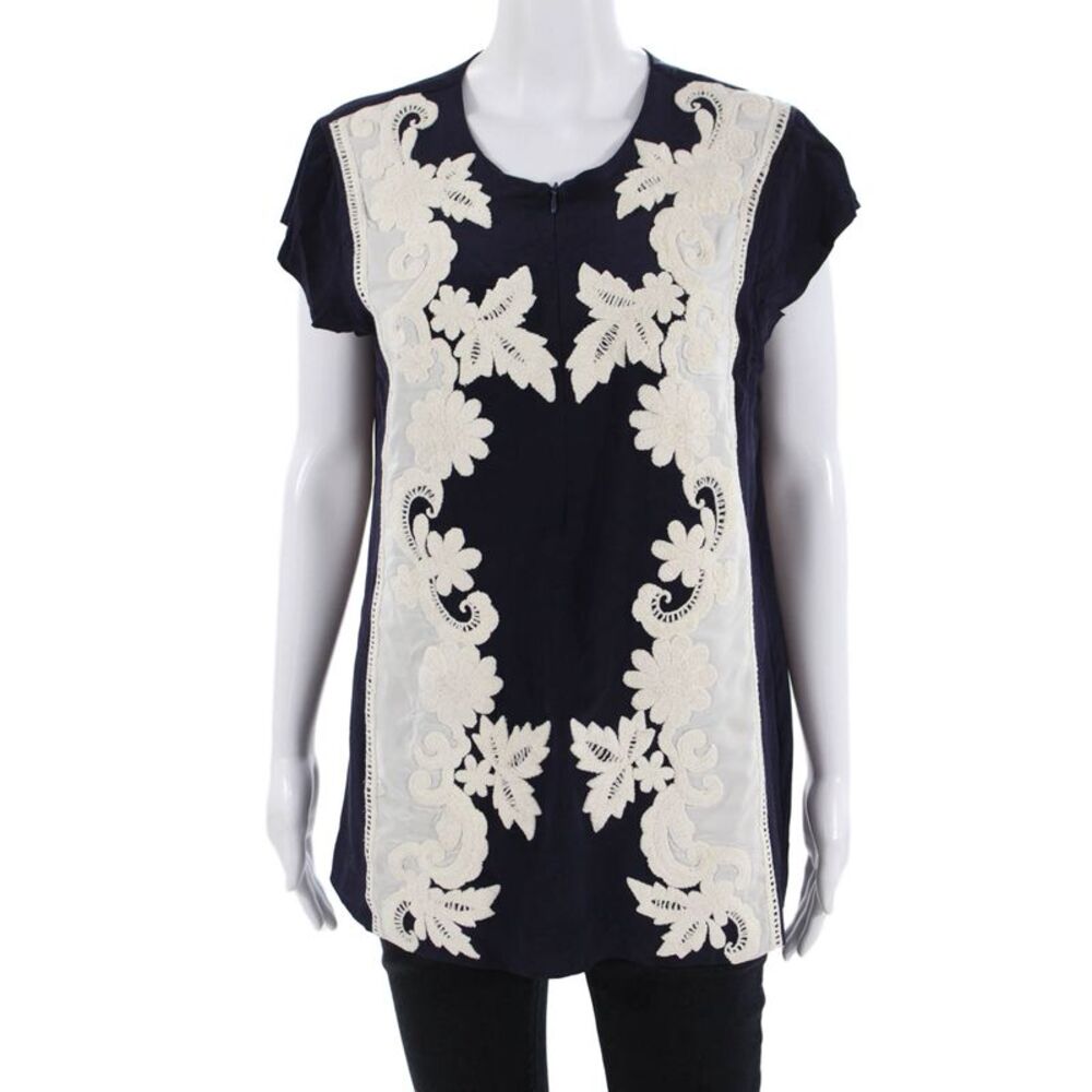 Rungolee Women Tunic Dark Blue Floral Silk Blend Short Sleeve Round Neck Size M